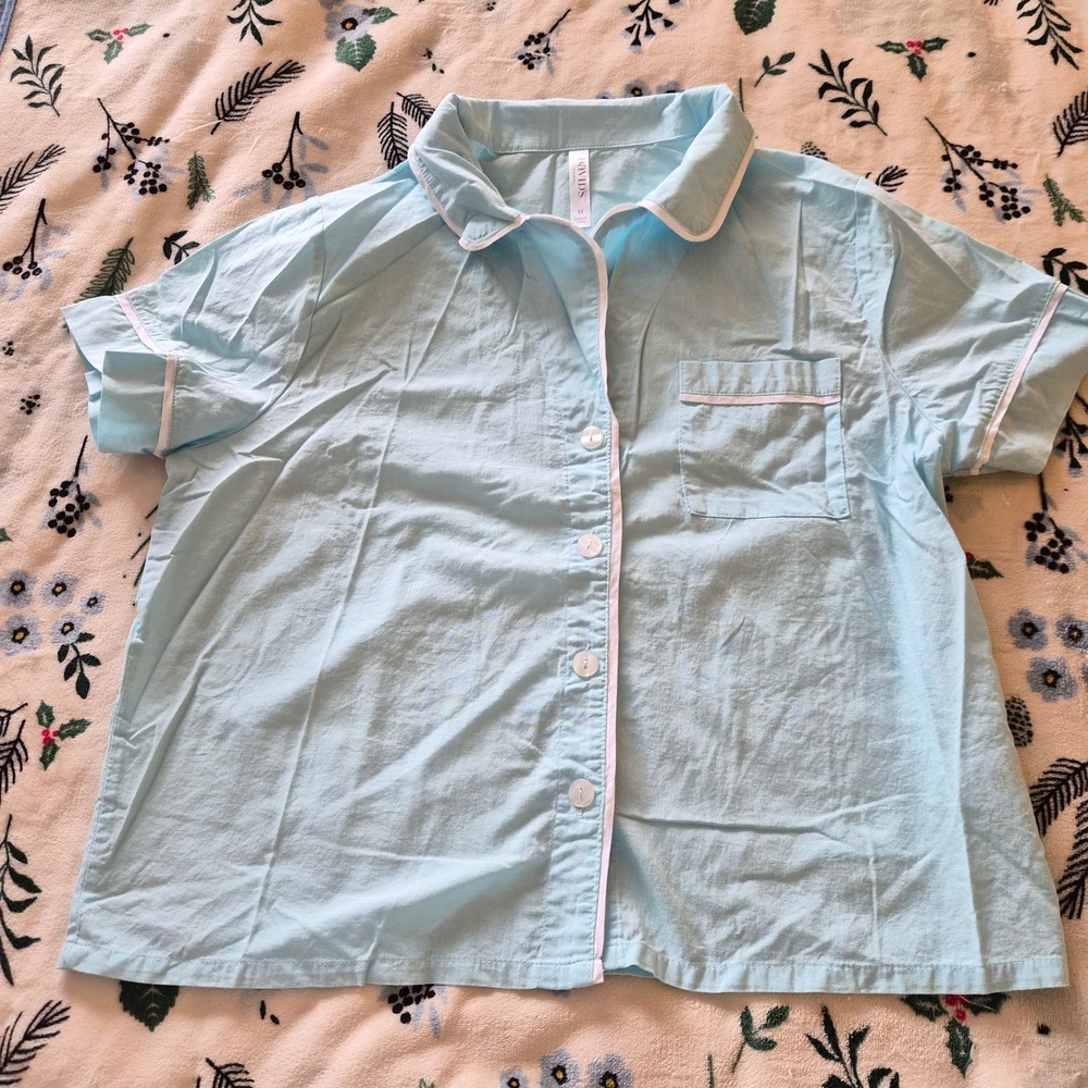 David's Bridal Something Blue Pajama Top Button Down Short Sleeve Blue M Wedding